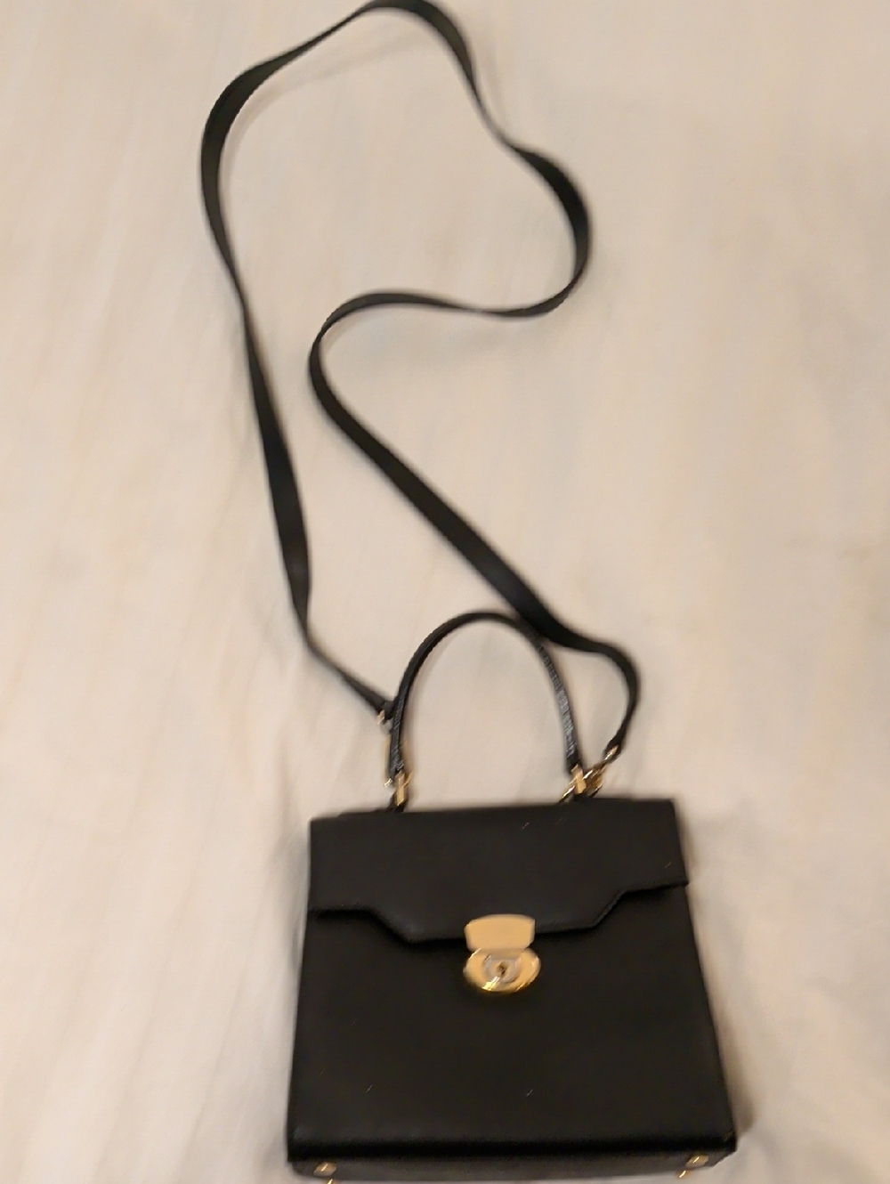 Black Structured Top-Handle Crossbody Bag with Gold Hardware